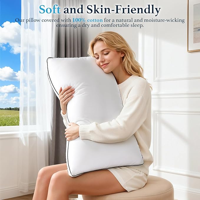 RDS Certified Goose Feather & Down Pillows, 3-Chamber Gusseted Design for Balanced Neck Support, 100% Cotton Cover, Hotel Style Bed Pillow for Side and Back Sleepers,Standard Size Set of 2, 20" x 26"