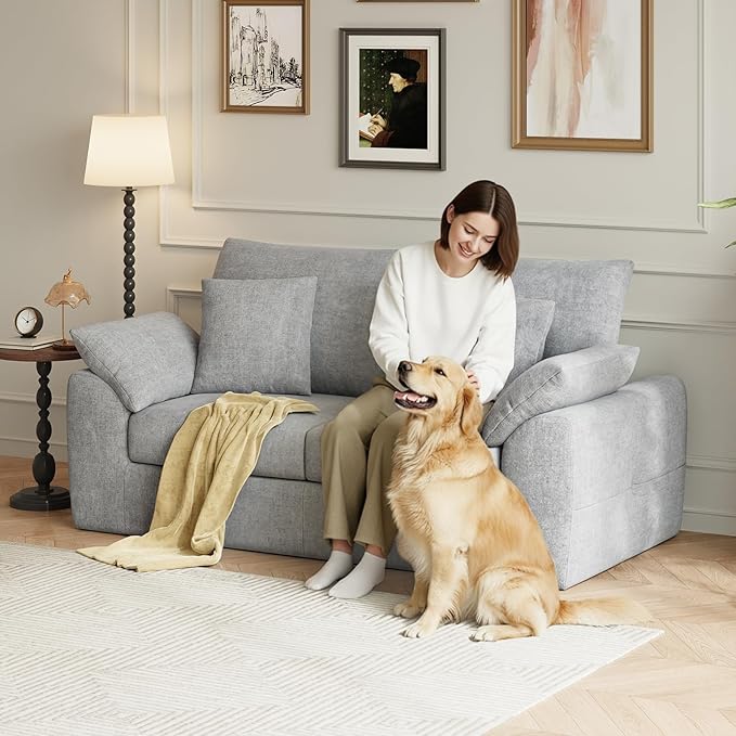 MALOL 76" Boneless Loveseat Sofa, Cloud Foam Couch, 3 Seater Upholstered Midcentury Mondern Love Seat, Wide Armrest and 4 Pillows for Home Living Room/Small Spaces, No Assembly Required, Grey