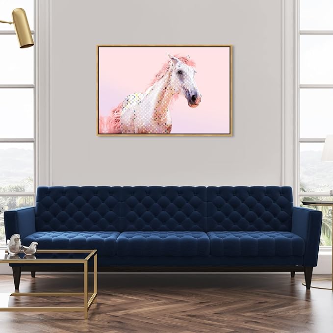 Country Farmhouse Canvas Print Painting Animal Wall Art 'Pink Glam Horse' Gold Framed Canvas Rustic Home Décor 45x30 in Pink, White by Oliver Gal