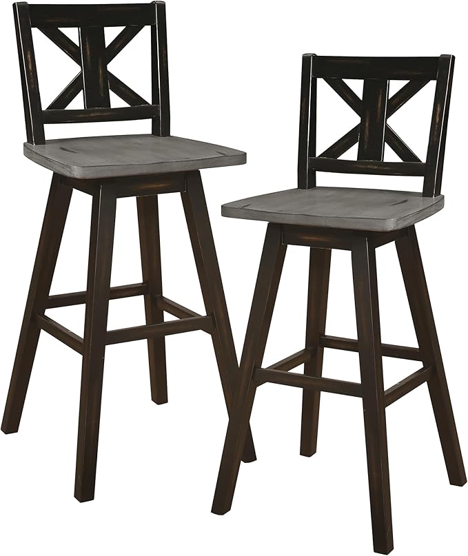 Lexicon Bar Height Bar Stools Set of 2-Solid Wood Frame 360° Swivel Wooden Stools, Foot Rest, X Back, Wide Seat, Distressed Farmhouse Easy to Clean Finish, 28.5" SH, Antique Black/Grey