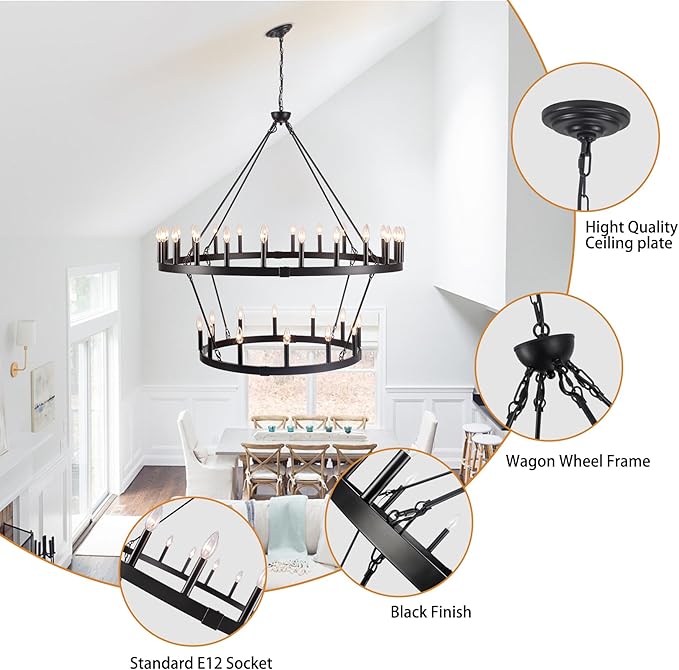 47'' Black Wagon Wheel Chandelier 2 Tier 36-Light Large Round Farmhouse Chandelier, Industrial Pendant Light Fixtures for High Ceilings Dining Living Room Entryway Foyer