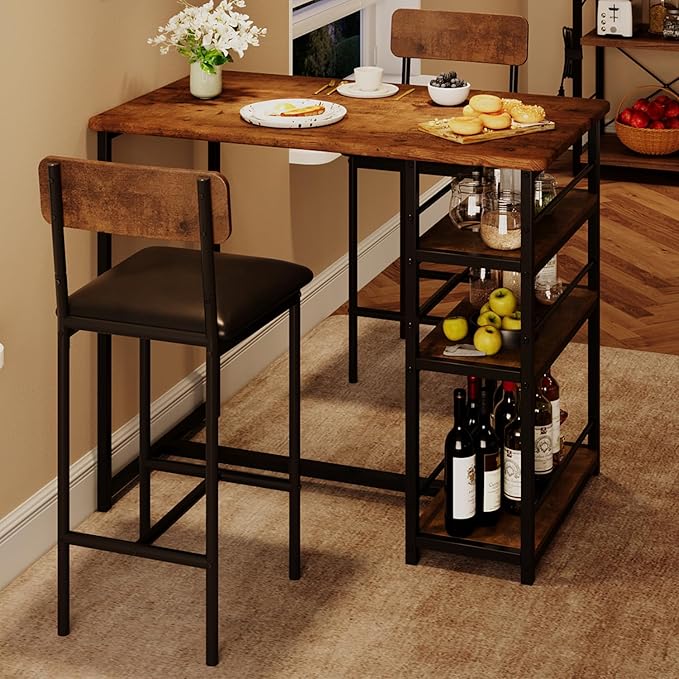IDEALHOUSE Dining Table Set for 2, Counter Height Kitchen Table and Chairs, Bar Table Set with 2 Upholstered Bar Stools, 3 Piece Dining Room Table Set for Small Space, Apartment, Retro Brown