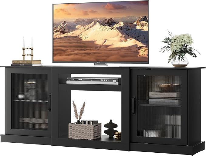 WLIVE Farmhouse TV Stand for 75 inch TV, Entertainment Center with Storage Cabinets, Mid Century Modern TV Console for Living Room, Bedroom, Black