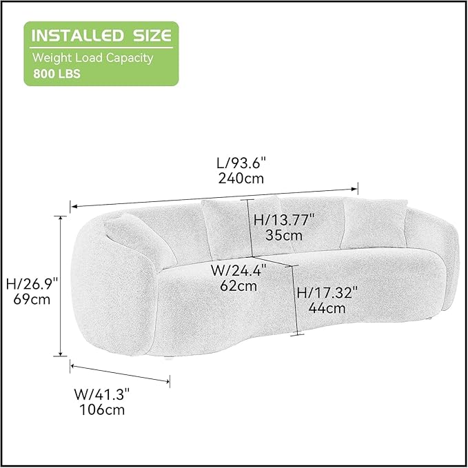 Modern Curved Sofa, 93.6" 4-Seater Boucle Cloud Couch with 3 Pillows, Comfy Upholstered Sofas for Living Room, Apartment, Office, Off-White