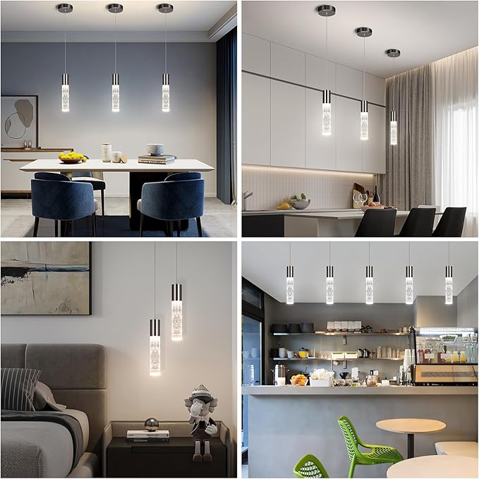 OKELI Modern Pendant Lights,3 Color LED Bubble Crystal Island Light Fixtures,Black Mini Pendant Lighting for Kitchen Island,Bar,6W,3000-6000K,ETL,3 Pack