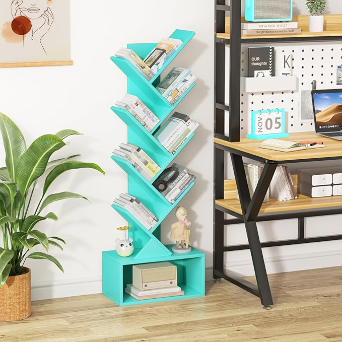9 Tier Tree Bookshelf,Christmas Green Bookcase for Narrow Space, Storage Organizer Floor Standing Bookshelves for Books, Tall Book Case for Home Office, Living Room, Bedroom