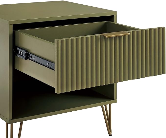 Manhattan Comfort Dumbo Fluted Nightstand with Drawer and Open Shelf, Gold Hairpin Legs and Metal Handle, Snap Tool-Free Assembly, Modern Bedside Accent Table for Bedroom or Living Room in Olive Green