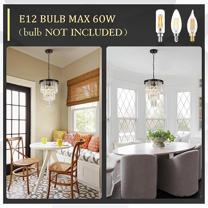 Black Crystal Pendant Light for Kitchen Island,Mini Crystal Chandeliers Modern for Dining Room,3 Tiers K9 Ceiling Pendant Light Fixture for Hallway Bedroom Closet