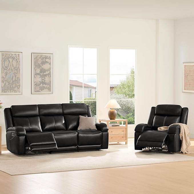 Watson & Whitely Genuine Leather Power Recliner Sofa, 3 Seater Wall Hugger Reclining Sofas with Power Headrest, USB & TypeC Ports, Electric Recliner Couch Set for Living Room, Black