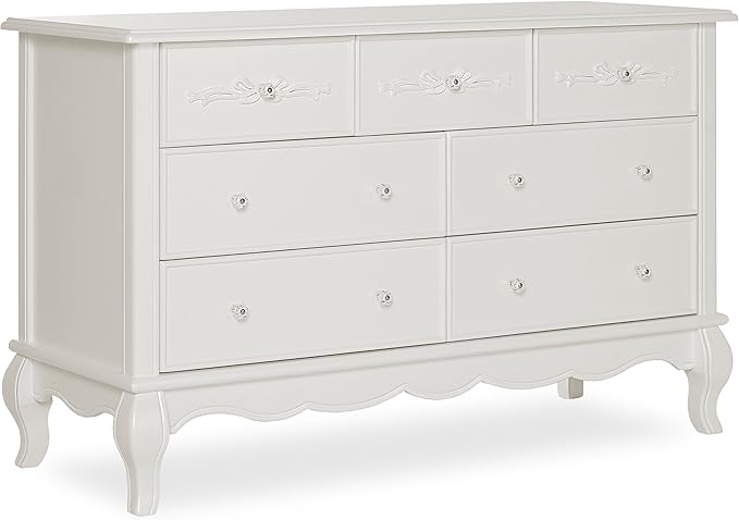Evolur Aurora 7-Drawer Nursery Dresser – Ivory Lace | Assembled Double Dresser with Crystal Knobs, Queen Anne Legs, Large Storage for Baby Essentials