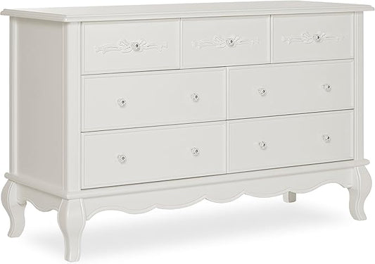 Evolur Aurora 7-Drawer Nursery Dresser – Ivory Lace | Assembled Double Dresser with Crystal Knobs, Queen Anne Legs, Large Storage for Baby Essentials