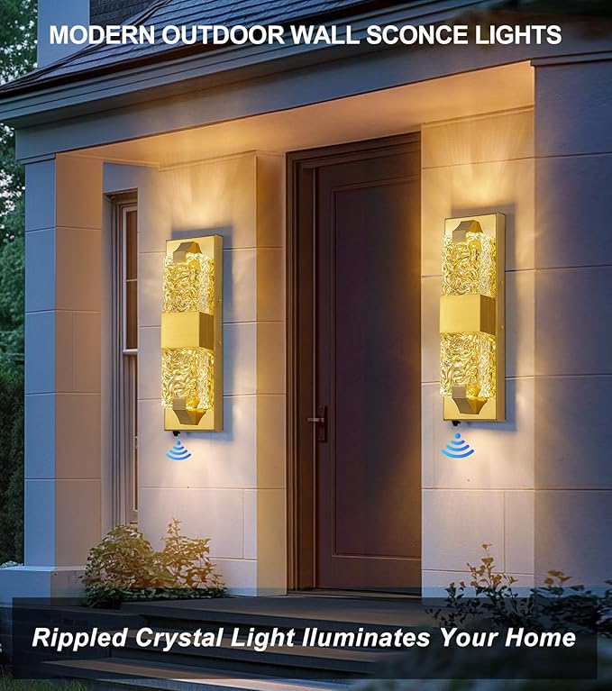 Dusk to Dawn Outdoor Lighting 2 PCS 15.6'' Porch Lights Outdoor IP65 Waterproof Gold Exterior Lighting Fixtures 12W LED Ripple Crystal Glass Modern Outside Light for House Hallway Doorway Patio