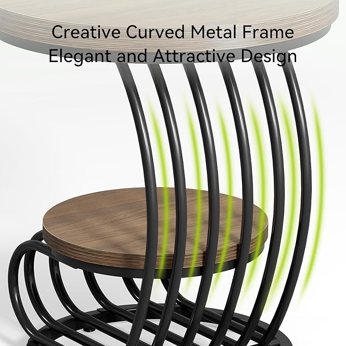 LITTLE TREE Round Side Table, Wood End Table with 2-Tier Storage Shelf, Accent Coffee Table, Creative Curved Metal Frame End Table for Small Spaces, Living Room, Bedroom, Light Brown + Black