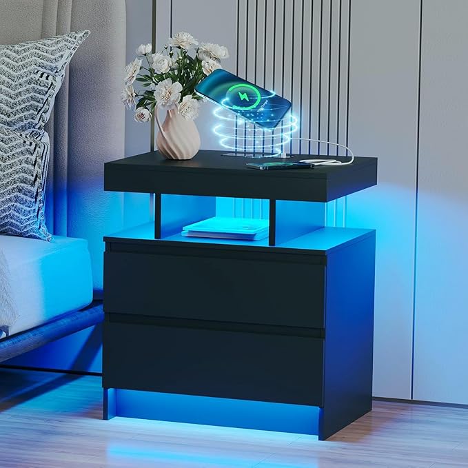 dnbss Nightstand with Charging Station and LED Light, Modern Night Stand with 2 Drawers, Smart Nightstand with USB Ports and Wireless Charger, Bedside Table for Bedroom (Black)