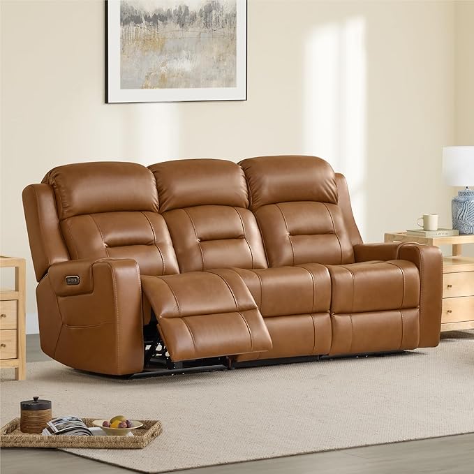 Watson & Whitely Genuine Leather Power Reclining Sofa, 3-Seater Lay Flat Recliner Sofa with Power Headrest, Cup Holders, USB & Type-C Ports, Electric Reclining Couch for Living Room, Saddle Brown