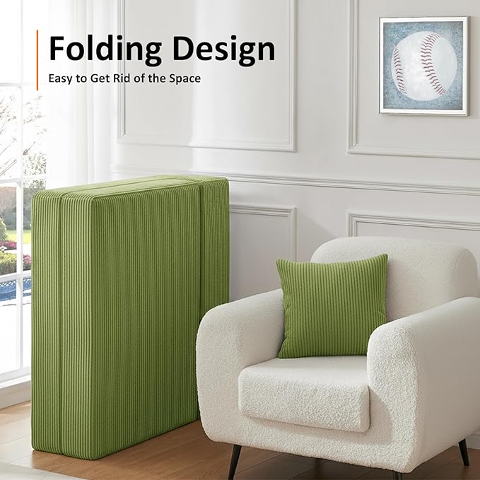 JKMAX Twin Size Folding Sofa Bed - 4 in 1 Convertible Sleeper Chair with Pillow - High Density Memory Foam Futon Couch - Foldable Bed for Living Room Bedroom (Green)