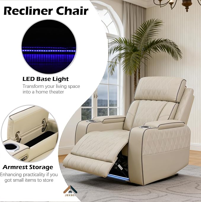 Power Reclining Sofa Set for Living Room, Leather Recliner Chair with Arm Cup Holders, Arm Storage for House/Home Teather(Single Chair, Beige)