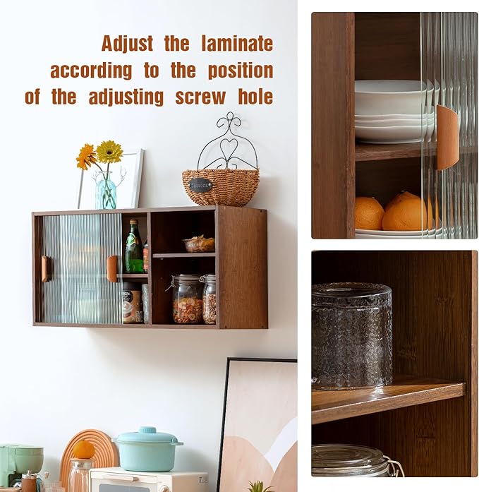 HollyHOME Bamboo Wall Mounted Kitchen Sideboard with 2 Glass Doors and Adjustable Shelves, Freestanding Wall Storage Cabinet with Side Shelf for Bottle, Dish, Bowl, Console Dining Cupboard, Walnut