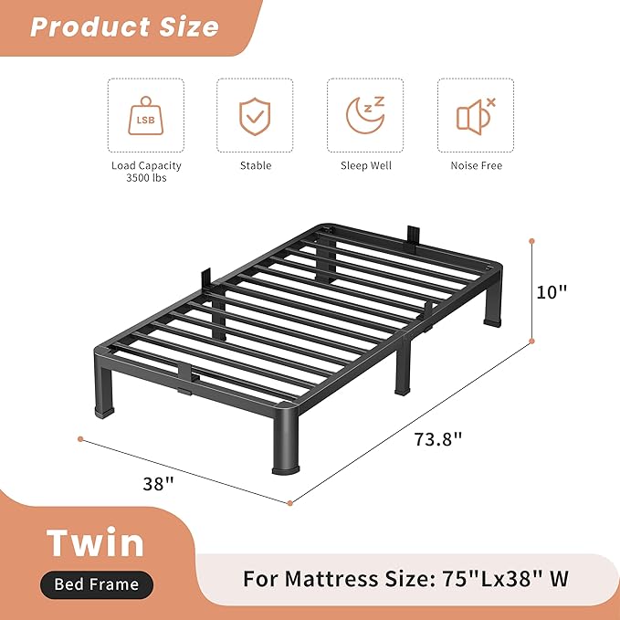 10 Inch Twin Heavy Duty 3500 lbs Bed Frame with Round-Corner Legs & Anti-Squeak Design – Quick Assembly Metal Platform, No Box Spring Needed