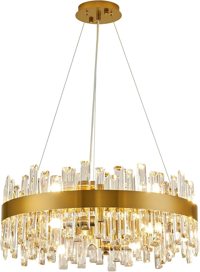 CROSSIO Modern Crystal Chandelier for Dining Room, 12-Light Luxury Gold Flush Mount Crystal Ceiling Light 2-Tiers K9 Crystal Raindrop Chandelier for Living Room Kitchen Entryway Foyer D23.6''