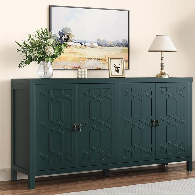 RoyalCraft Modern Sideboard Buffet Cabinet, 60'' Green Credenza with 4 Doors and Adjustable Shelves, Kitchen Buffet Table Coffee Bar Wine Bar Cabinet for Dining Room, Living Room, Forest Green
