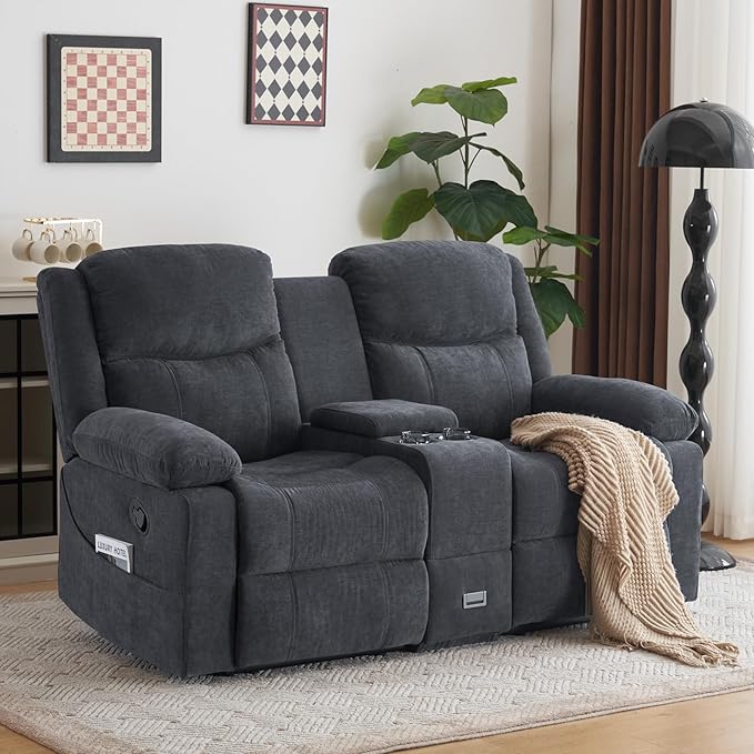 Loveseat Recliner Sofa, Manual Recliner Loveseat with Console, Modern Chenille Sofa Sleeper Deep Couches with Cup Holders and Side Pocket for Living Room/Office/Apartment (Grey) | Heating & Massage, Hidden Drawer