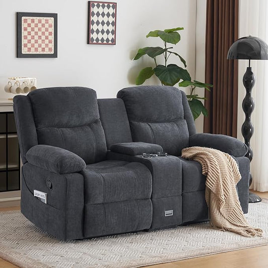Loveseat Recliner Sofa, Manual Recliner Loveseat with Console, Modern Chenille Sofa Sleeper Deep Couches with Cup Holders and Side Pocket for Living Room/Office/Apartment (Grey) | Heating & Massage, Hidden Drawer