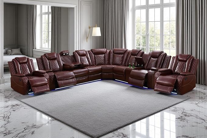 A Ainehome Leather Power Recliner Sectioanl Sofa Set, Living Room Furniture Sets, Power Reclining Sofa, Loveseat and Chair with USB Chargers/Cup Holder for Living Room/Office(A-Brown)