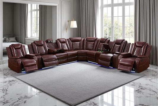 A Ainehome Leather Power Recliner Sectioanl Sofa Set, Living Room Furniture Sets, Power Reclining Sofa, Loveseat and Chair with USB Chargers/Cup Holder for Living Room/Office(A-Brown)
