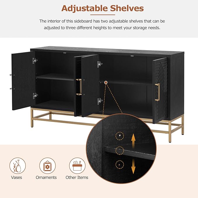 Ball & Cast 59.8" Sideboard Buffet Cabinet with Storage,Modern Coffee Bar Cabinet with 4 Doors and Adjustable Shelves,Wood Side Board Table with Gold Handles & Metal Legs for Living Room,Navy
