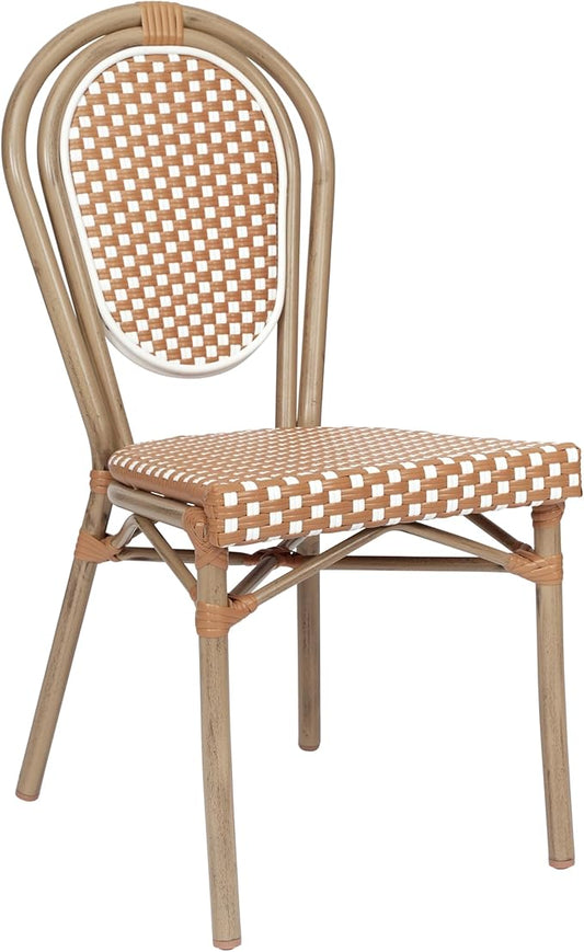 Flash Furniture Lourdes Indoor/Outdoor Commercial Thonet Bistro Stack Chair - Natural/White PE Rattan Back and Seat - Light Natural Bamboo Print Metal Frame