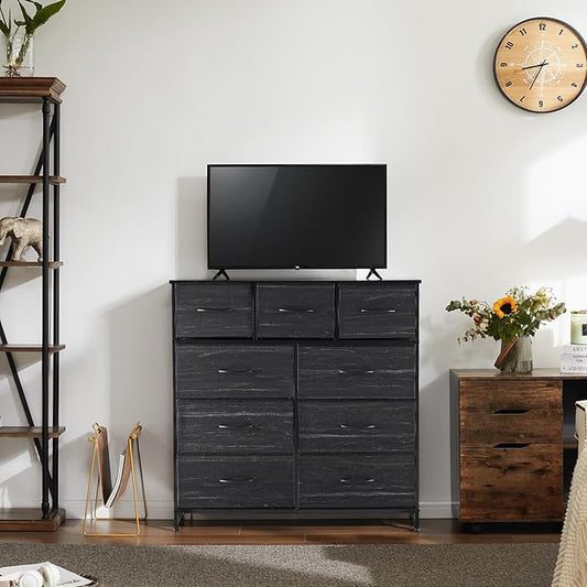 DUMOS 9 Drawer Dresser for Bedroom, Fabric Storage Organizer with Sturdy Metal Frame, Wooden Top Chest of Drawers for Closet Entryway Guest Room,Black Wood