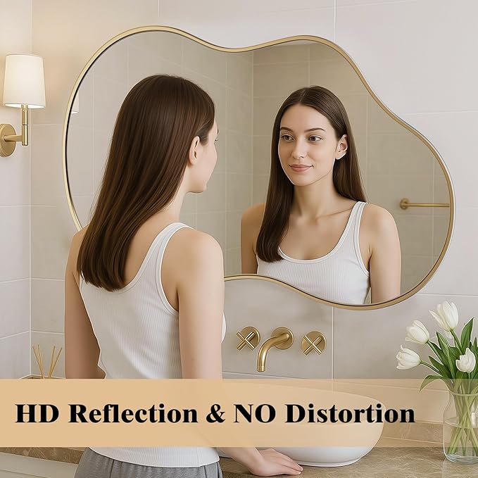 WEER Irregular Wall Mirror, 24x36 inch Gold Asymmetrical Wall Mounted Mirrors Decorative, Abstract Wavy Aluminum Alloy Frame for Bathroom, Bedroom, Living Room, Entryway
