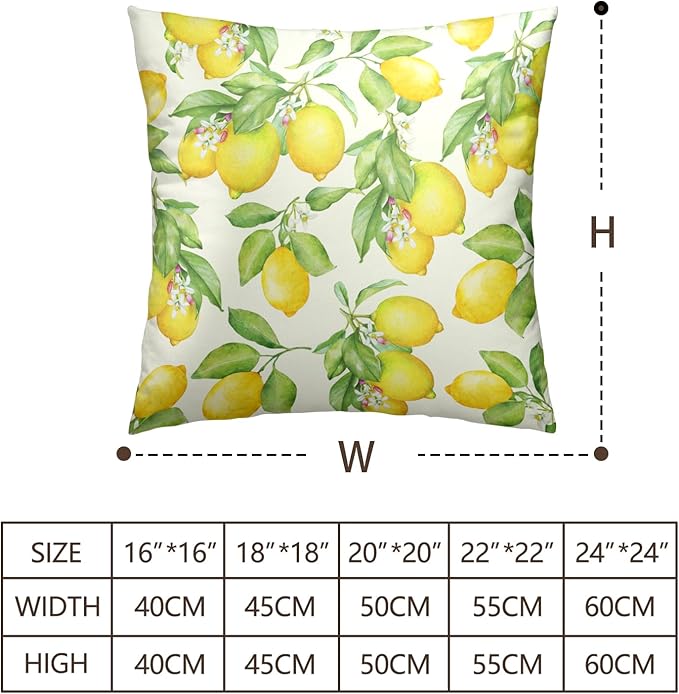 Yellow Lemon Throw Pillow Covers 16 X 16 Inch Watercolor Fruit Leaves Floral Decorative Cushion Case Farmhouse Spring Summer Outdoor Pillow Cases for Home Sofa Couch, 2 Pack