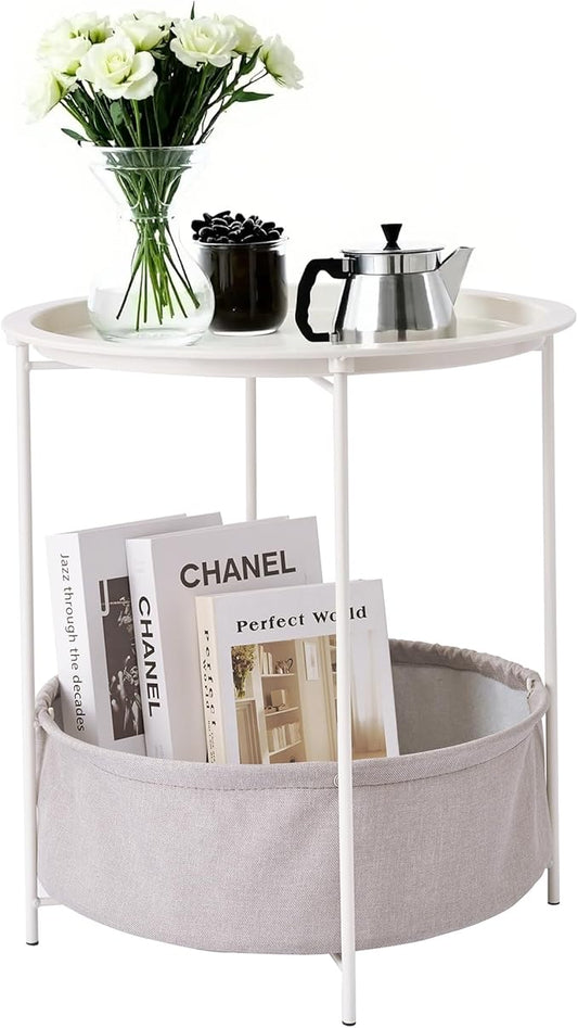 VECELO Round Side/End Table with Fabric Storage Basket，Metal Anti-Rust and Waterproof Small Bedside Nightstand with Removable Tray Top for Living Room，Balcony & Laundry，Beige/1pcs with Basket