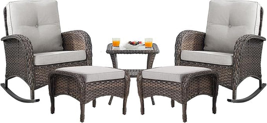 Belord Patio Rocking Chairs Furniture Set - 5 Piece Outdoor Wicker Furniture Sets with Ottomans, Small Patio Conversation Sets with Wicker Rocking Chairs Brown/Beige