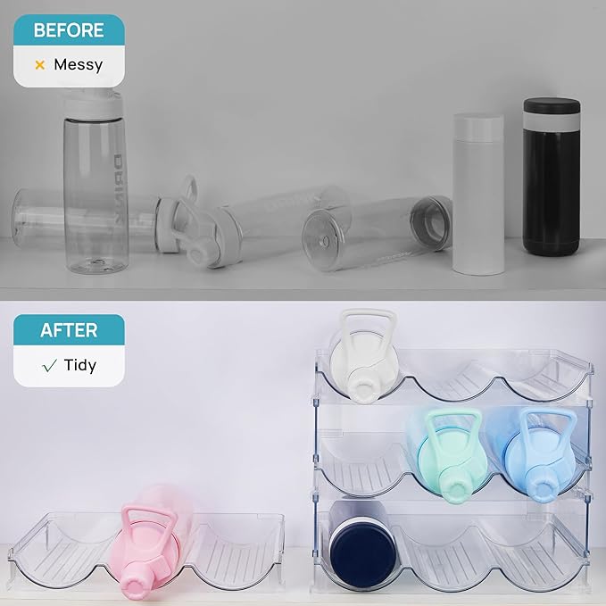 Water Bottle Organizer - 4 Tier Large Capacity stackable water Bottle Organizer for Cabinet, Free-Standing Water Bottle Storage Holder for Countertops, Pantry, Bars, Cabinets, Fridge, Hold 12 Bottles