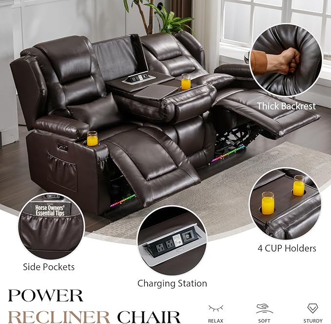 Oprisen 3-Seater Power Recliner Sofa Couch Flip Middle Backrest Reclining Sofa Chair for Living Room with Charging Station/Cup Holders/LED Ambient Light