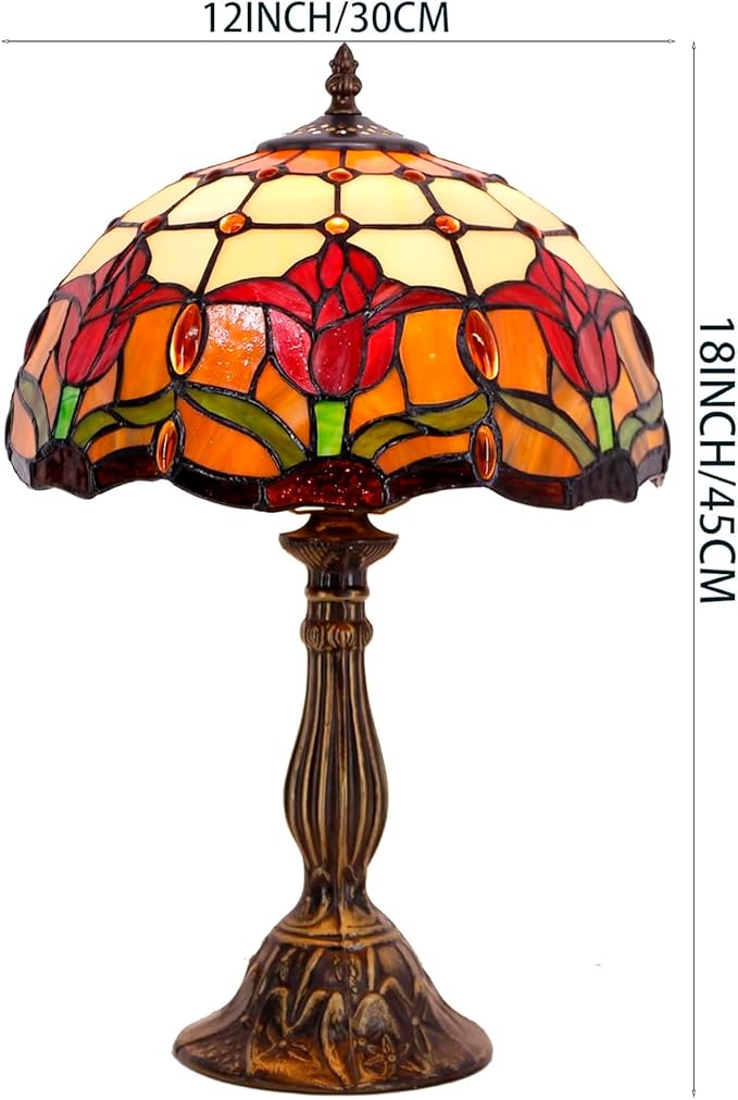WERFACTORY Tiffany Table Lamp Stained Glass Style Tulip Flower Bedside Reading Desk Light 12X12X18 Inches Decor Bedroom Living Room Home Office S030 Series