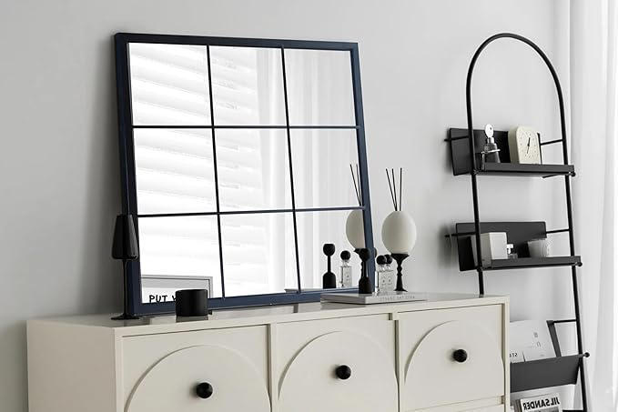Black Window Mirror 27"X27",Gird Decor Minimalism Wall Mounted Mirrors for Entryway,Hallway,Living Room,Fireplace