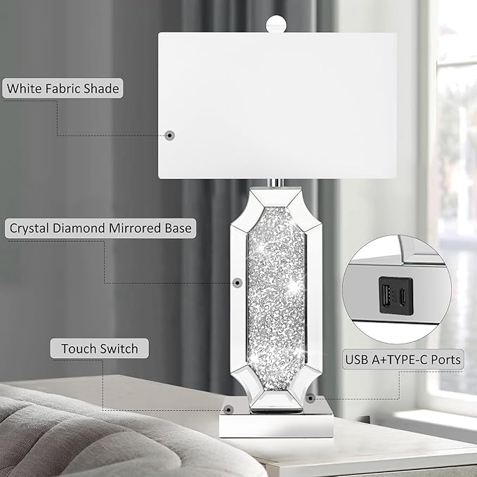 Hamucd 3-Way Dimmable Touch Diamond Crushed Mirrored Bedside Table Lamps Set of 2 for Living Room with USB A+C Ports,Tall Silver Modern Bling Nightstands Lamps for Bedroom with 2 Bulbs (Silver)