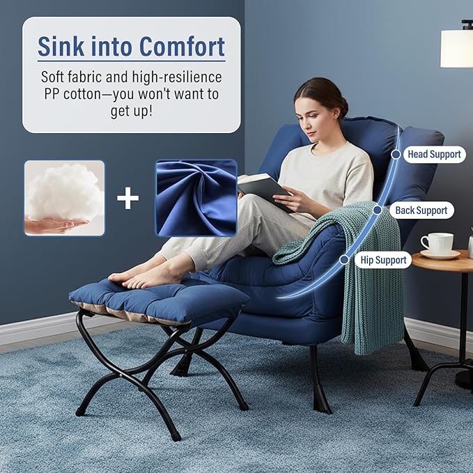 Lazy Chair with Ottoman, Modern Accent Chair with Folding Footrest, Royal Blue Sofa Chair Set, Comfortable Reading Chairs, Oversized Armchairs for Bedroom, Study, Living Room, Courtyard