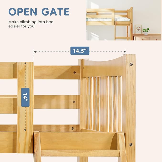 DUMOS Loft Bunk Bed Twin Over Twin, Solid Wood Frame with Slats, Bunk Beds with Ladder and Guardrail, No Box Spring Needed, Space Saving Bed Frame for Dorm, Bedroom