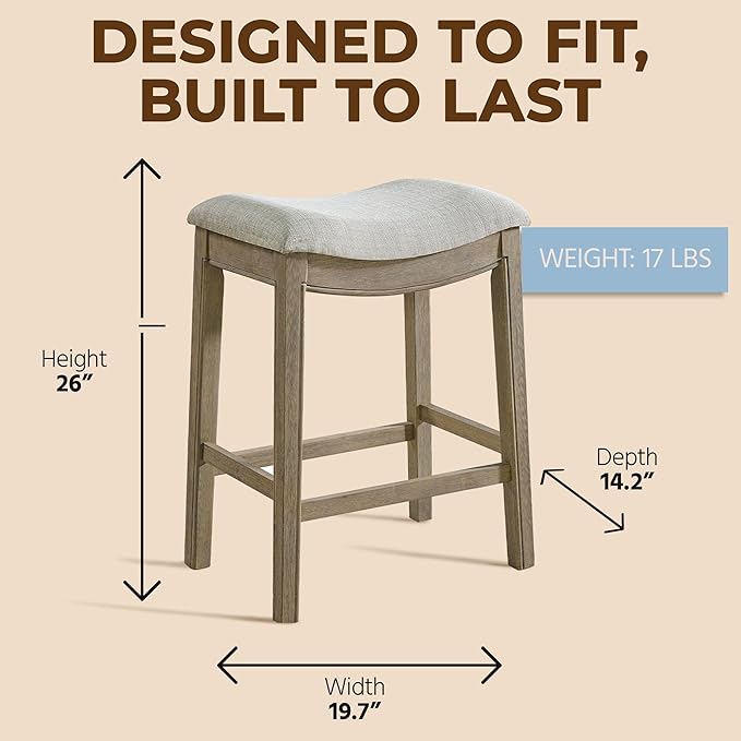 ROME + OAK Parker 26 Inch Counter Stool, Backless Saddle Kitchen Barstool in Reclaimed Oak Finish with Grey Fabric Upholstery Cushion Seat