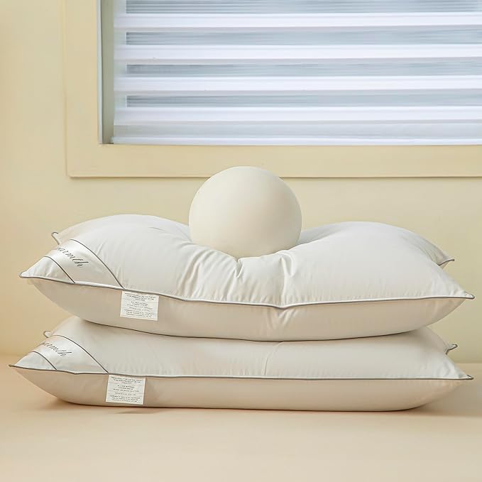 Goose Feathers Down Pillows for Sleeping, Hotel Collection Bed Pillow with Grey Piping Standard Size (20X26IN) 1 Pack