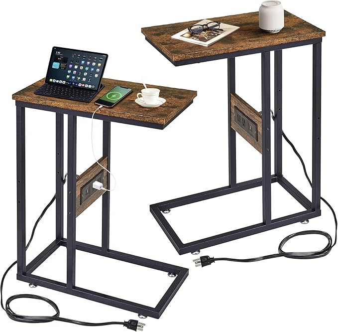 VECELO C-Shaped End Side Table Set of 2 with Charging Station & Two USB Ports and Outlets for Living Room, Bedroom, with Adjustable Feet for Couch/Sofa, Bedside, Small Spaces， Brown, 2