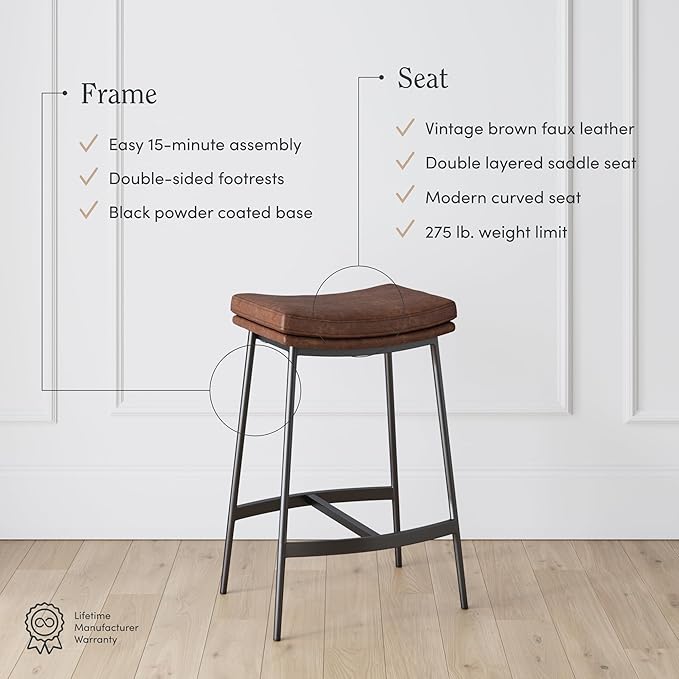 Arlo Modern Backless Upholstered Kitchen Counter Bar Stool with Double-Layered Saddle Seat and Black Metal Base, Brown/Matte Black, Set of 4