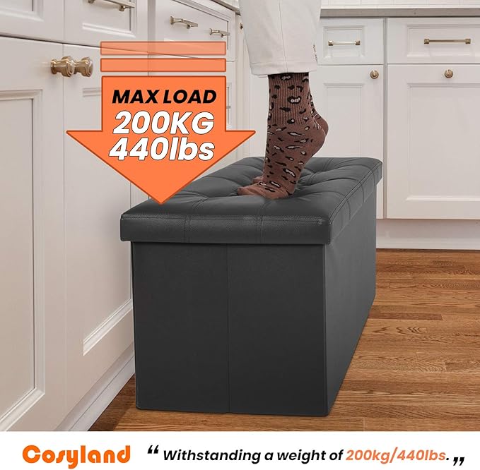 COSYLAND Ottoman Bench with Storage - 30x15x15in Folding Leather Ottoman, Rectangle Foot Stool Foldable Storage Chest Footrest Footstool Collapsible with Lid for Bedroom Living Room Black