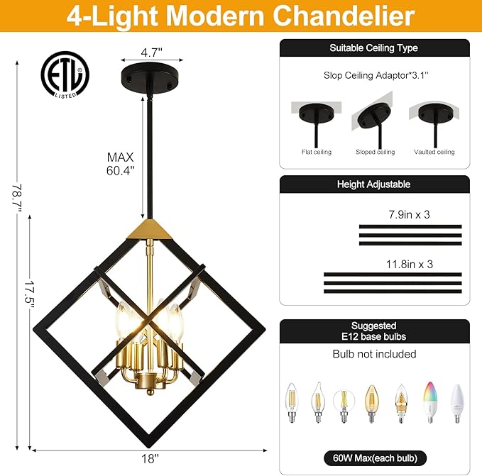 18" Modern Pendant Lights Kitchen Island, 4-Light Black and Gold Farmhouse Pendant Light Fixtures, Industrial Hanging Pendant Lights Fixture for Kitchen Island Dining Room Hallway Foyer Entryway