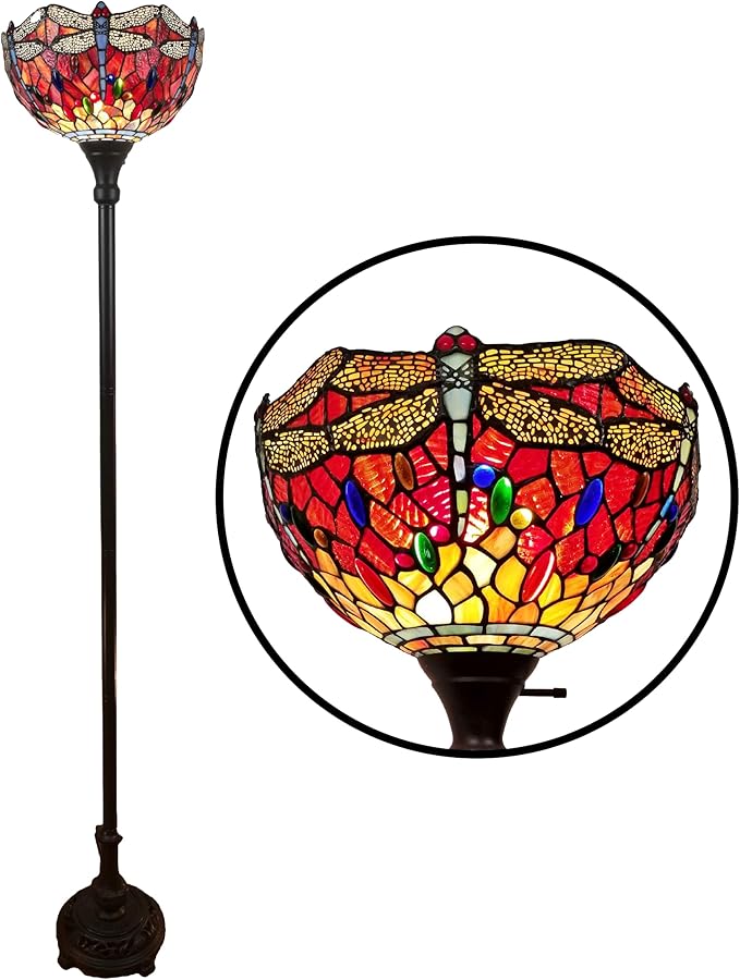 Amora Upright Tiffany Floor Lamp - 74” Dragonfly Stained Glass Floor Lamp